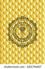 ice cream icon inside shiny golden emblem. Scales pattern. Vector Illustration. Detailed. 