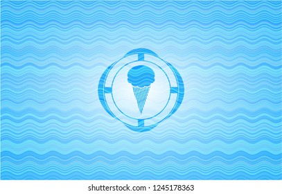 ice cream icon inside sky blue water badge background.