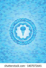 ice cream icon inside sky blue emblem with triangle mosaic background