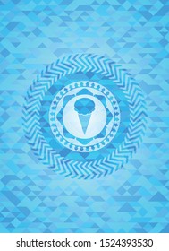 ice cream icon inside sky blue emblem with triangle mosaic background