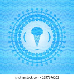 ice cream icon inside sky blue water badge.