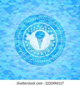 ice cream icon inside sky blue emblem. Mosaic background. 