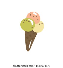 Ice cream icon isolated on white background. Cute sweet desert sign. Hand-drawn vector chocolate waffle cone with three balls of ice-cream (vanilla, pistachio and raspberry). Ice cream illustration.