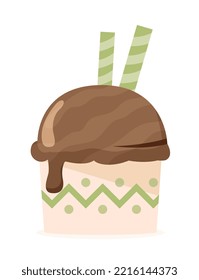 Ice cream icon. Large chocolate ball with icing and two green and white plastic sticks. Advertising poster or banner for website. Cafe or restaurant menu concept. Cartoon flat vector illustration