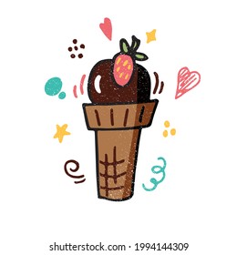 Ice cream icon or logo isolated on white background with snowing texture for banner, signage, menu, café advertisement, product design. Doodle style bright colorful illustration with cute elements 