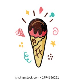 Icono o logotipo de helado aislado en fondo blanco con textura de nieve para banner, carteles, menú, anuncio de café, diseño de productos. Ilustración colorida brillante de estilo Doodle con elementos bonitos 