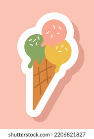 Ice cream icon. Multicolored balls in waffle cone. Delicacy, dessert, sweetness and gourmet. Food for summer season, vacations and vacations in tropical countries. Cartoon flat vector illustration