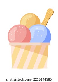 Ice cream icon. Multicolored balls with wafer rolls in bright glass. Sticker for social networks and instant messengers. fruit flavor. Dessert and delicacy, gourmet. Cartoon flat vector illustration