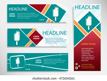 Ice cream icon on horizontal and vertical banner. Modern abstract flyer, banner, brochure design template. 