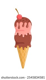 Ícone de sorvete. Bolinhas de sorvete rosa em cone waffer. Gelato com cobertura de chocolate. Sobremesa congelada e delicadeza. Modelo e layout. Ilustração de vetor plano isolada no plano de fundo branco