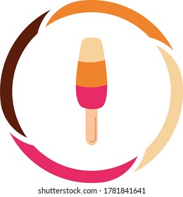 ice cream icon or popsicle stick, three flavors of ice cream that simulate strawberry, chocolate and vanilla. white background with color circle.