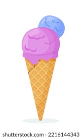 Ice Cream Icon. Purple And Blue Balls In Waffle Cone. Dessert And Delicacy, Gourmet. Poster Or Banner For Website. Cafe Or Restaurant Menu. Sweet Product Concept. Cartoon Flat Vector Illustration