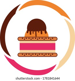 ice cream icon or ice cream sandwich with brown biscuit, two flavors of ice cream in the middle ; scoop of ice cream on top with chocolate sauce. white background with color circle.