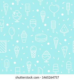 Ice cream icon seamless pattern. Creative white food shapes isolated on blue background. Delicious hand drawn wallpaper design.