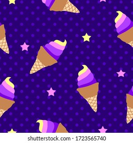 Ice cream icon seamless pattern with on background. Tasty colorful icecream seamless pattern with polka dots. Ice cream cones and Popsicle with different topping.