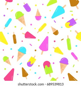 Ice cream icon seamless pattern with different size and color on white background.