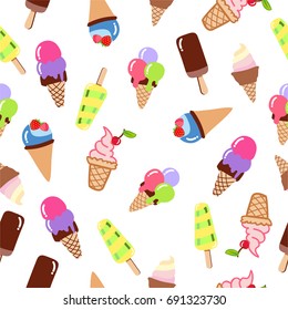 Ice cream icon seamless pattern with different size and color on white background.