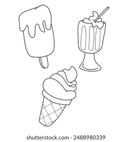 Ice cream icon set, black and white doodle line art icon hand drawn cute ice cream doodle. ice cone, sunday