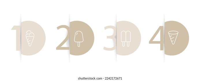 Ice cream icon set. Cone, scoop, frozen, waffle, dessert, sorbet, food, low fat, chocolate icing, dairy products. Food concept. Pastel color background. Vector line icon for business