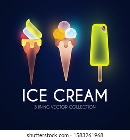 Ice cream icon set. Cute shining design.