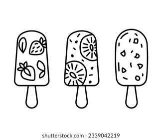 Juego de iconos de helado. Diferentes helados sobre palos de madera - fresa, kiwi, vainilla. Ilustración del doodle, estilo lineal. Icono de línea moderado, trazo fino