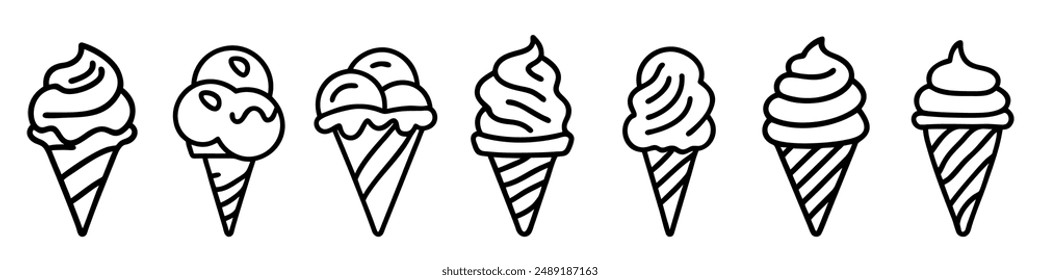 Ice cream icon. Set of drawn linear ice cream icons representing pleasure and delectationt. Vector illustration