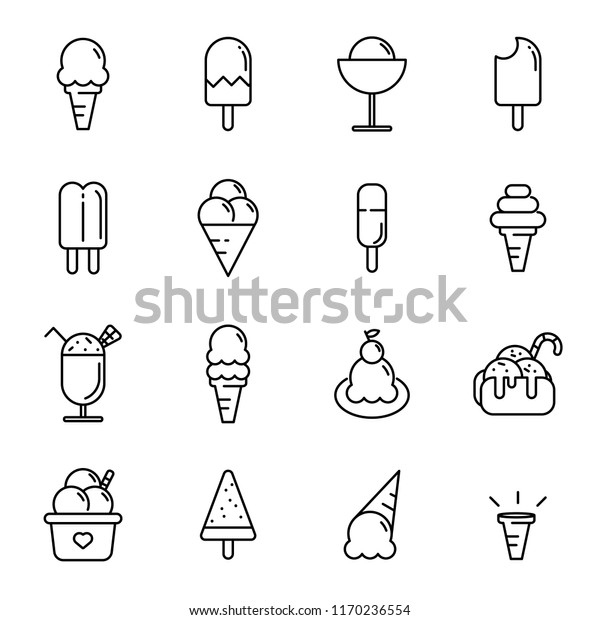 Ice cream icon set. Food and dessert\
concept. Thin line icon theme. Outline stroke symbol icons. White\
isolated background. Illustration\
vector.