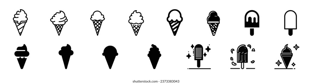 Juego de iconos de helados, conjunto de iconos de helados, colección de helados, Ilustración de helados sobre fondo blanco, conjunto de iconos de helados. Pictograma para web. Icono de línea. Juego de iconos de silueta negra de Icecream