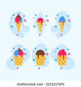 Ice cream icon set illustration, cone ice cream and cup ice cream in red, yellow, blue, chocolate color.