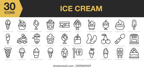 Ice Cream Icon Set. Umfasst Kegel, Sandwich, Waffelkegel, Gelato und mehr. Gliederungssymbole, Vektorsammlung.