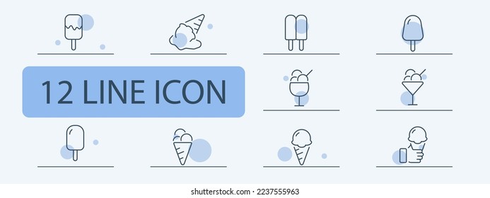 Ice cream icon set. Low fat ice cream, sweets on a stick dairy products, frozen juice, sweet cone, frozen, icing. Eating concept. Pastel color background. Vector 12 line icon for business