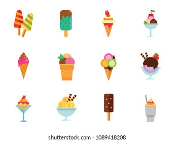 Ice Cream Icon Set. Ice Cream On Stick Sorbet In Cone Ice cream Balls Glass Bowl Soft Frozen Yogurt Sorbet In Disposable Cup Cream With Cherry Strawberry Two Ice Creams