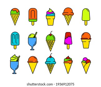 Ice cream icon set. Pictogram for web. Line stroke. Isolated on white background. Vector eps10