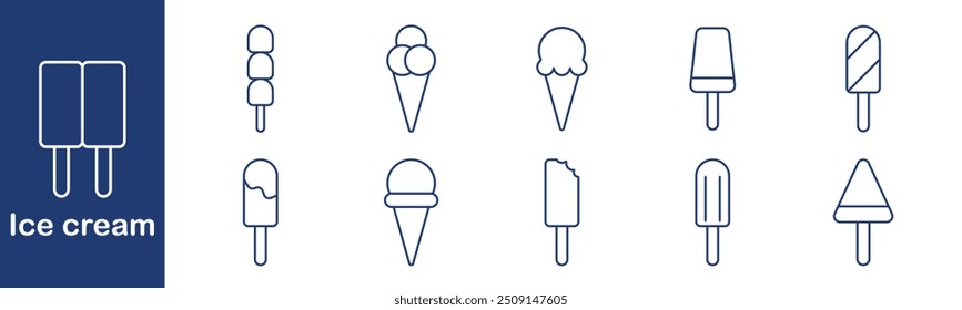 Conjunto de iconos de helado. Paleta de helado, cono, cucharada, bocado, congelado, postre, golosina, bocadillo, vainilla, chocolate, verano, frío, dulce, comida, hielo, lácteos, refresco