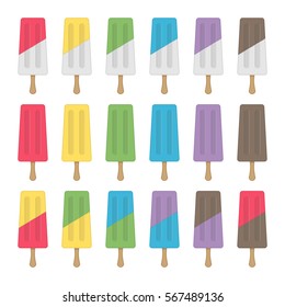 Ice Cream icon set. Popsicles different colors isolated on white background. Summer cold ice-creams or fruit juice ice. Flat vector illustration EPS 10.
