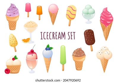 Ice cream icon set in realistic 3d design. Bundle of different types of summer desserts, with berries, topping and other. Delicious menu collection. Vector illustration isolated on white background