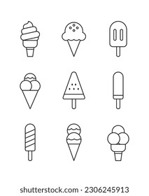 Ice cream icon set in simple, minimal and flat style. A collection of different types of cold, sweet and refreshing ice cream eaten during the summer season.