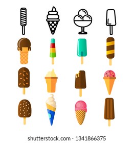Ice Cream Icon Set Vector. Cream Cone. Chocolate Vanilla Food. Tasty Cold Frozen Dessert. Delicious Product. Line, Flat Illustration