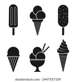 Ice cream icon set. Waffle cone, frozen food dessert symbols. Icecream logo. Vector illustration.