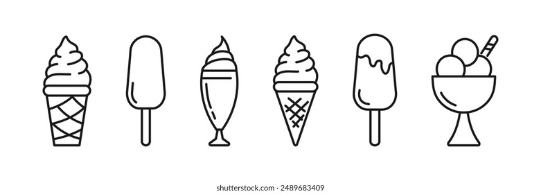 Conjunto de iconos de helado. Icono de línea de cono de gofre. Logo. Vector.