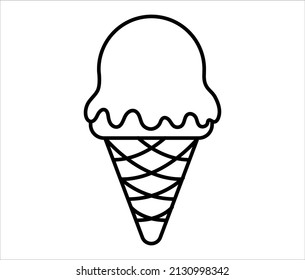 Ice cream icon. Simple vector ice cream illustration with black thin line. Cone dessert with melting ball toping