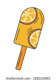 Ice cream icon. Sticker for social networks. Gelato with orange, fruit ice. Symbol of summertime, tropical and exotic frozen cocktails. Dessert and delicacy. Cartoon flat vector illustration