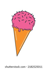 Ice cream icon. Sticker for social networks. Strawberry pink gelato with chocolate chips in cone. Refreshing sweets for holidays in exotic countries, summertime. Cartoon flat vector illustration