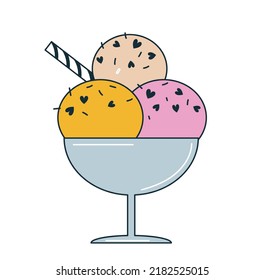 Ice cream icon. Sticker for social networks, graphic elements for website. Glass with three multicolored gelato balls with chocolate dip. Refreshing beach cocktail. Cartoon flat vector illustration