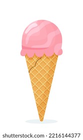 Icono de helado. Bola de fresa en cono de gofre. Símbolo de la temporada de calor y verano. Cafetería o menú de restaurante. Postre y delicadeza. Afiche o cartel para el sitio web. Dibujo vectorial plano de dibujos animados