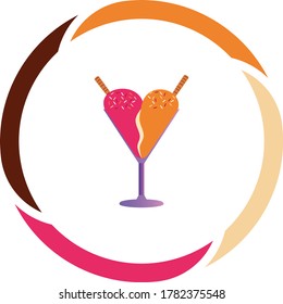 ice cream or ice cream icon in strawberry and caramel cup. white background with colors circle.