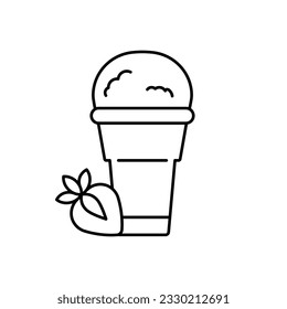 Ice cream icon. Strawberry ice cream on crispy cone. Summer cold dessert in minimalist style. Line icon editable stroke