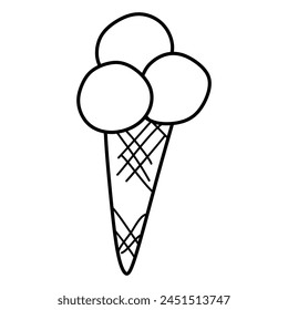 Ice cream icon, Sundae Gelato, Cone waffle with three icecream, thin line web symbol on white background. Vector Linear Illustration for Coloring book, Card, Sticker, Print. Hand drawn Outline Design.