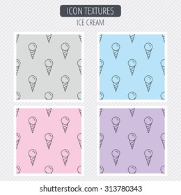 Ice cream icon. Sweet dessert in waffle cone sign. Frozen food symbol. Diagonal lines texture. Seamless patterns set. Vector