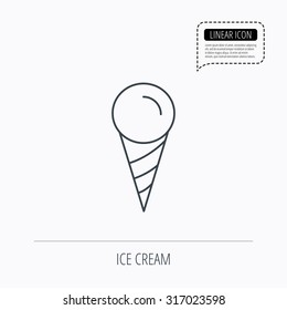 Ice cream icon. Sweet dessert in waffle cone sign. Frozen food symbol. Linear outline icon. Speech bubble of dotted line. Vector